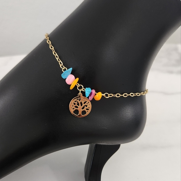 Jewelry - Gold Plated Tree of Life Anklet with Multicolor Beads